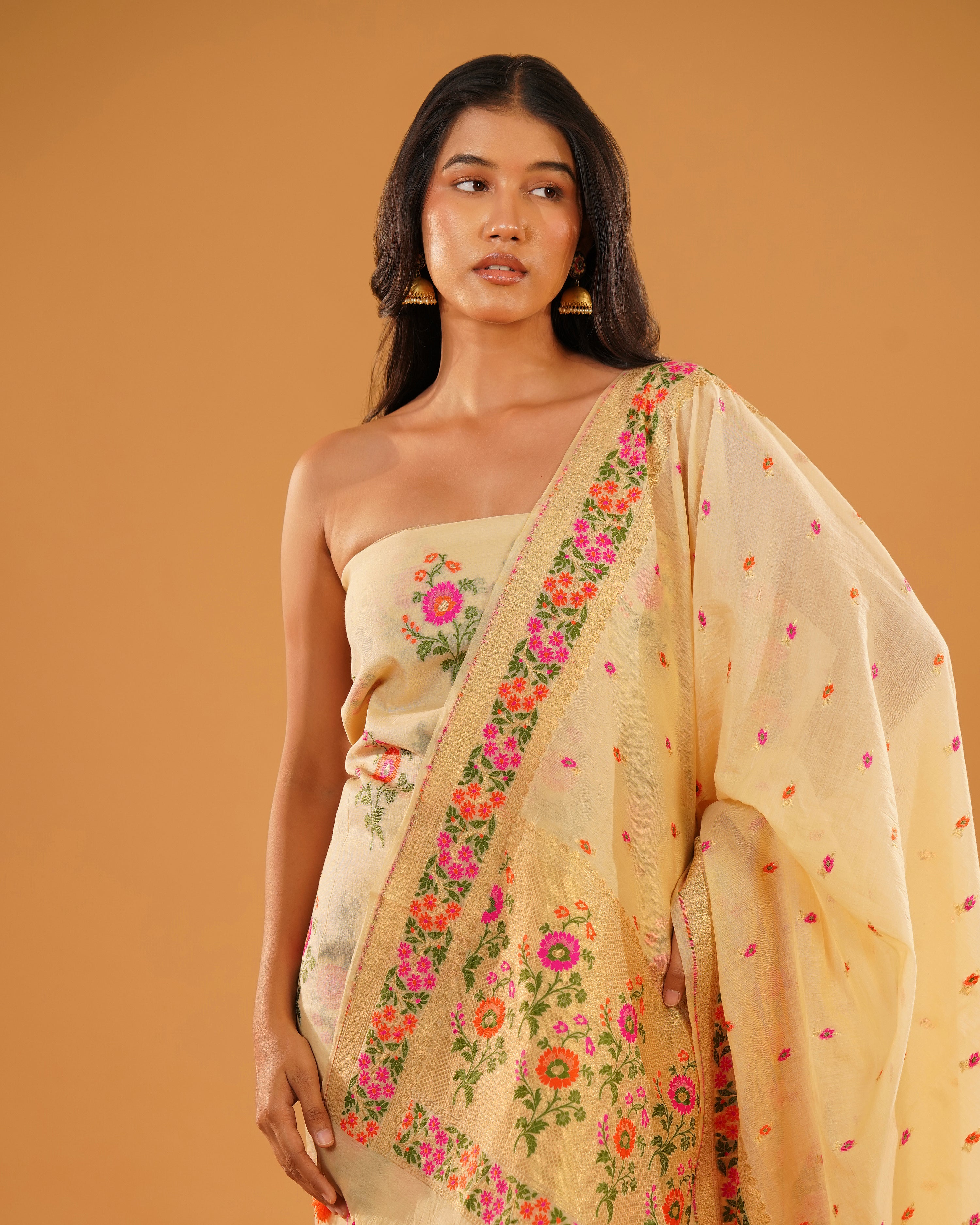 Bahaar – Banarasi Pure Cotton Suit Set in Cream with Meenakari Florals