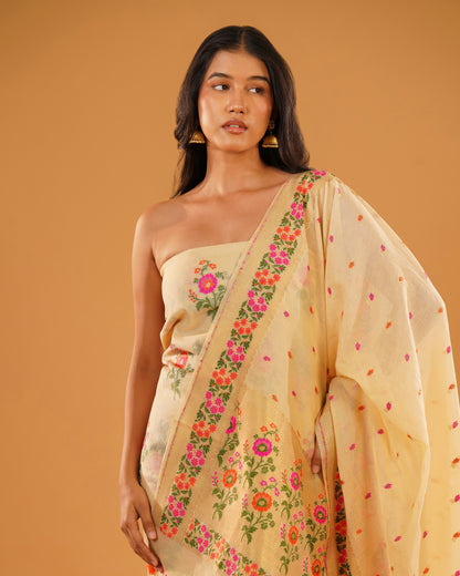 Bahaar – Banarasi Pure Cotton Suit Set in Cream with Meenakari Florals