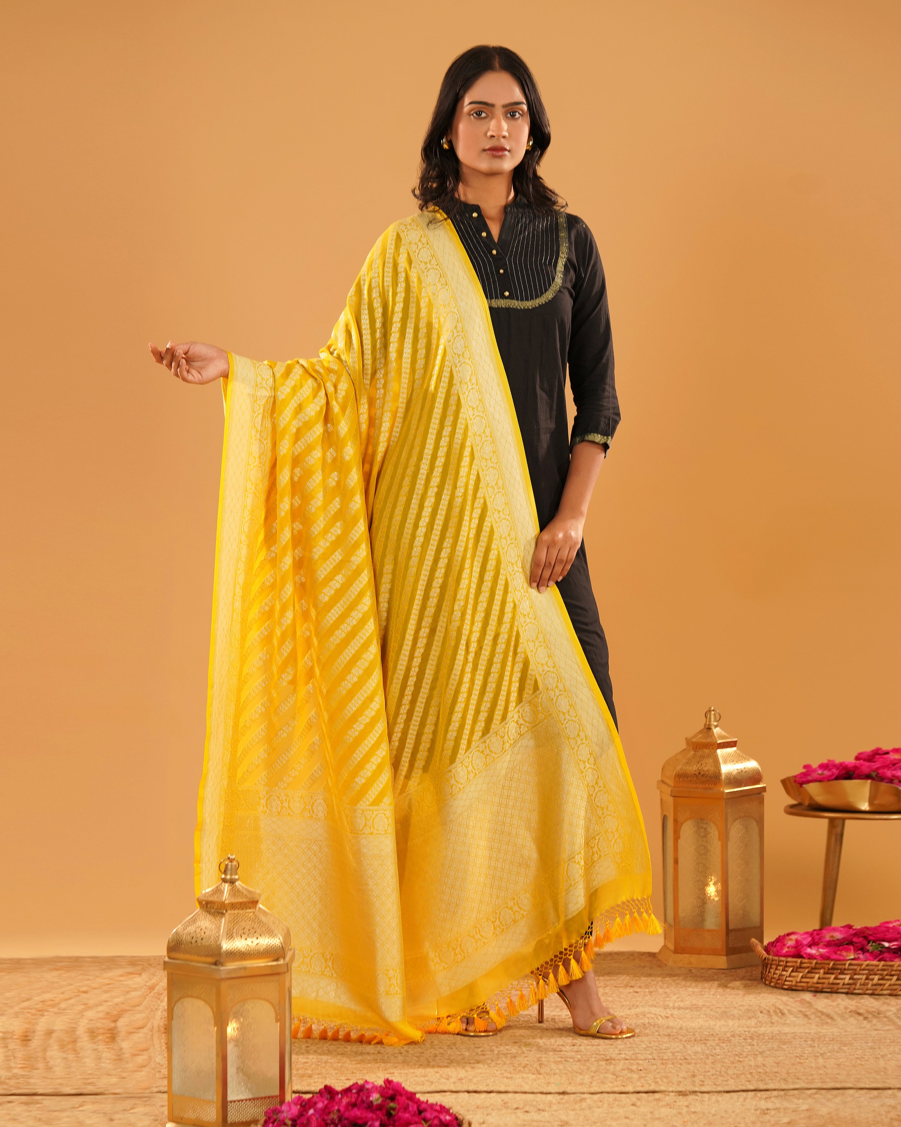 Gulaal – Banarasi Khaddi Silk Dupatta in Haldi Yellow with Gold-Silver Zari