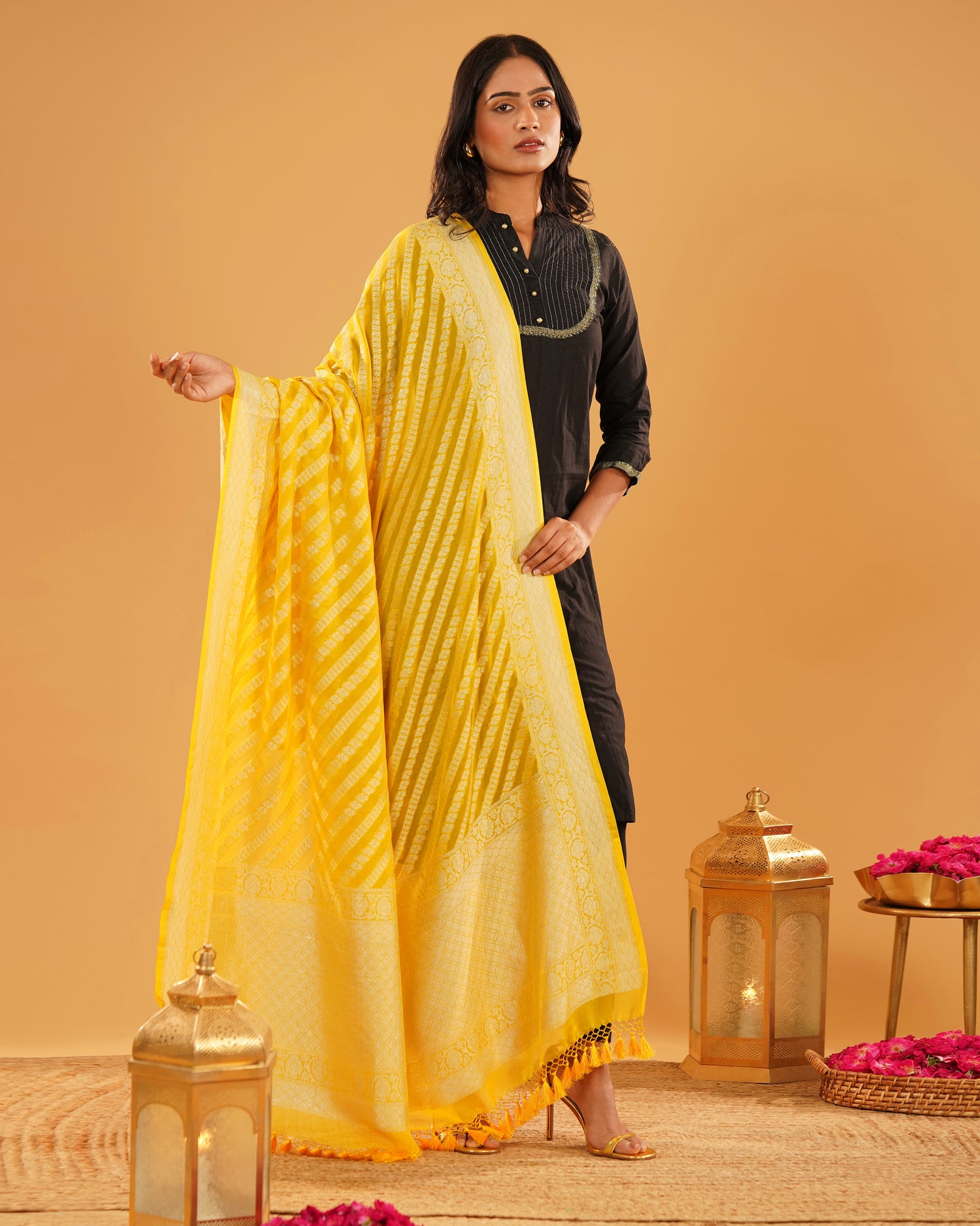 Gulaal – Banarasi Khaddi Silk Dupatta in Haldi Yellow with Gold-Silver Zari