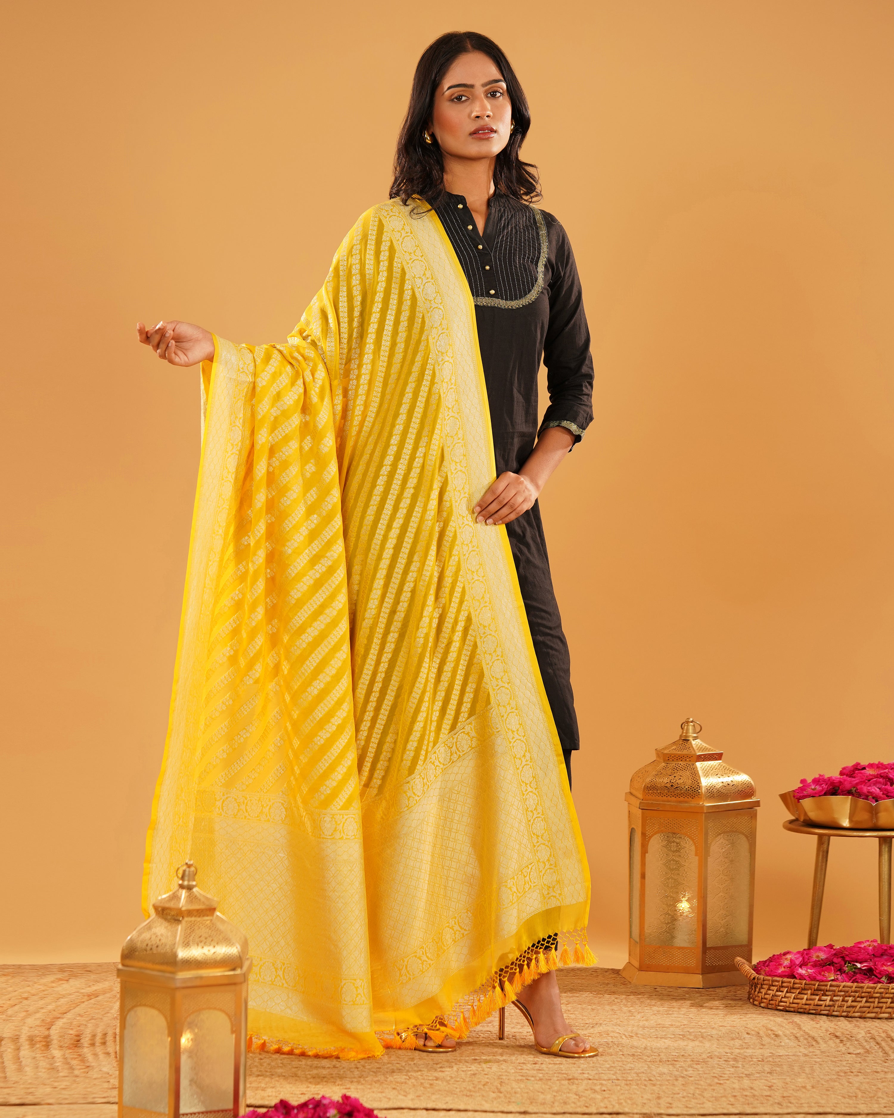 Gulaal – Banarasi Khaddi Silk Dupatta in Haldi Yellow with Gold-Silver Zari