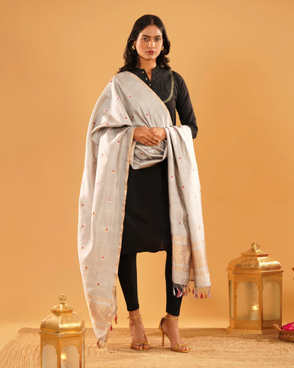 Chandni – Banarasi Pure Silk Dupatta in Silver Grey with Meenakari Buti