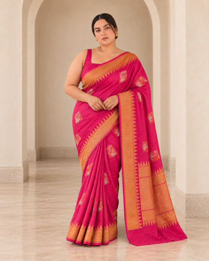 Rangrez – Pure Tussar Silk Saree in Rani Pink with Temple Border