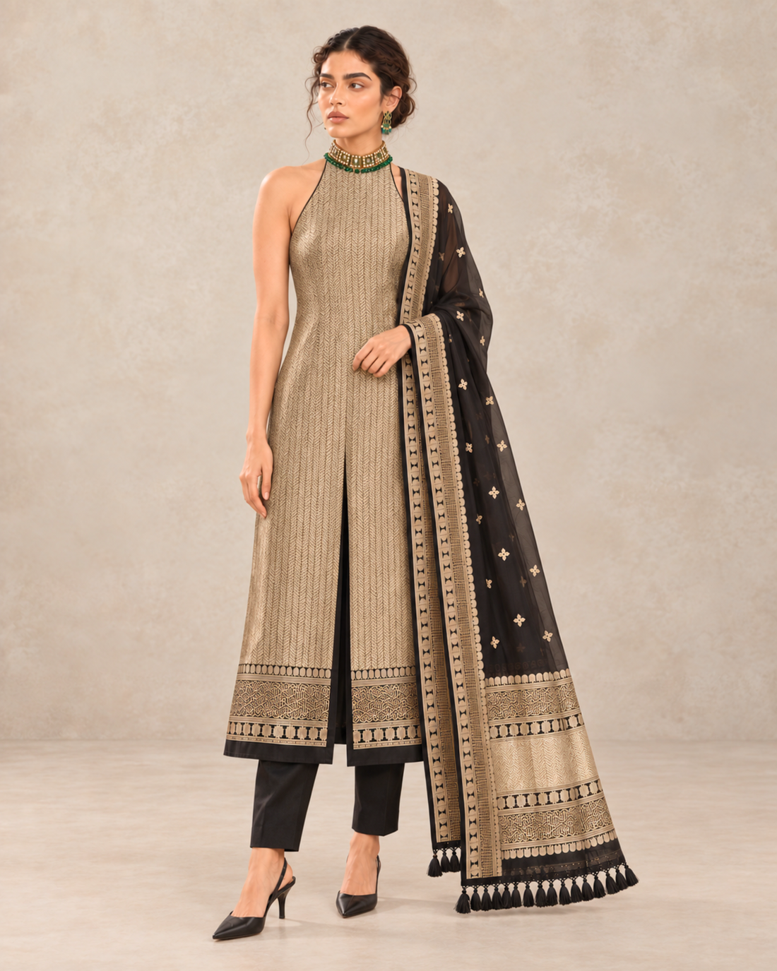 Sabaa – Banarasi Khaddi Silk Suit Set in Black with Sona-Rupa Zari