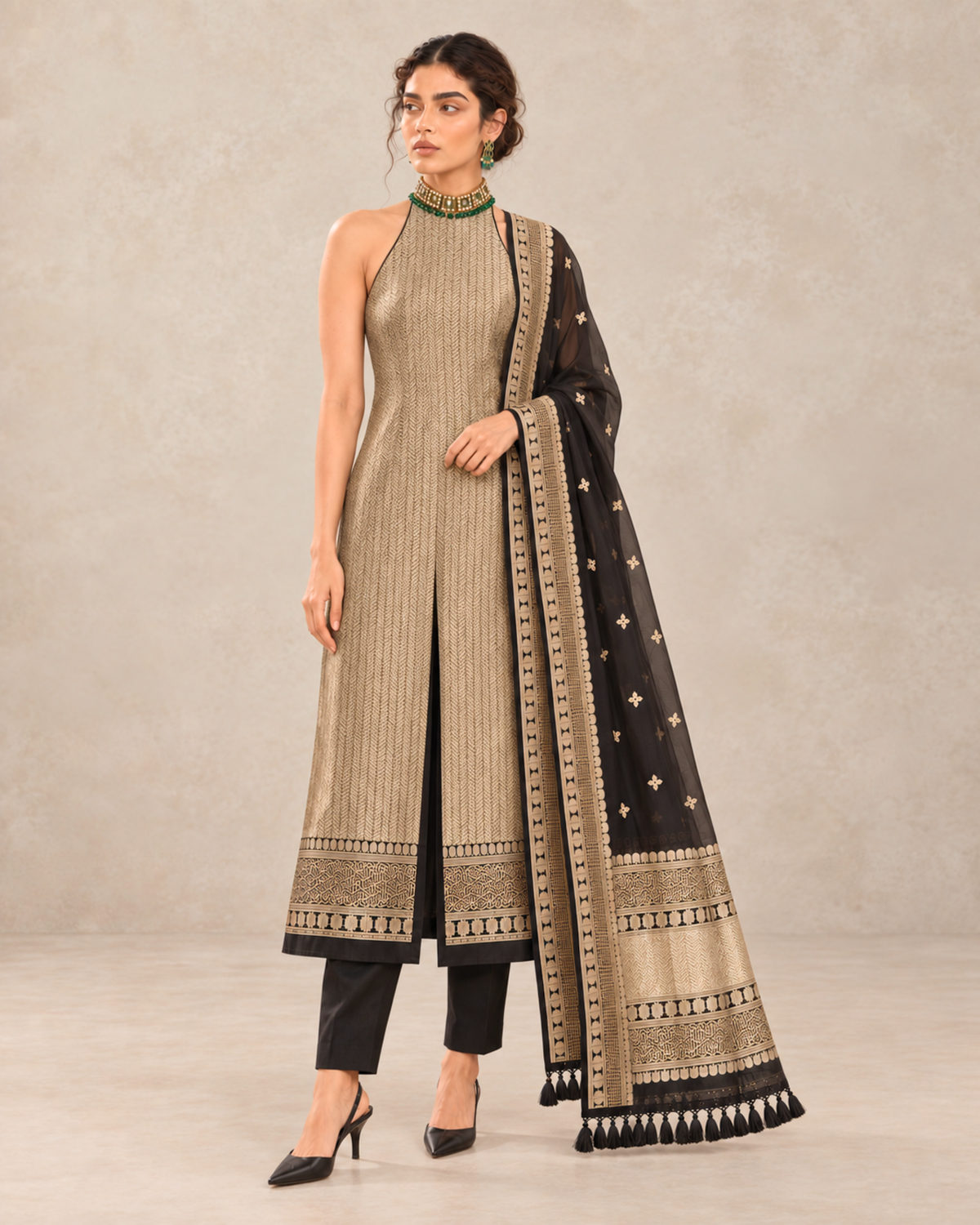 Sabaa – Banarasi Khaddi Silk Suit Set in Black with Sona-Rupa Zari