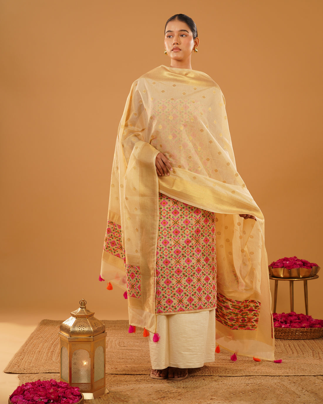 Zarbano – Banarasi Pure Cotton Suit Set in Cream Gold with Patola Weave