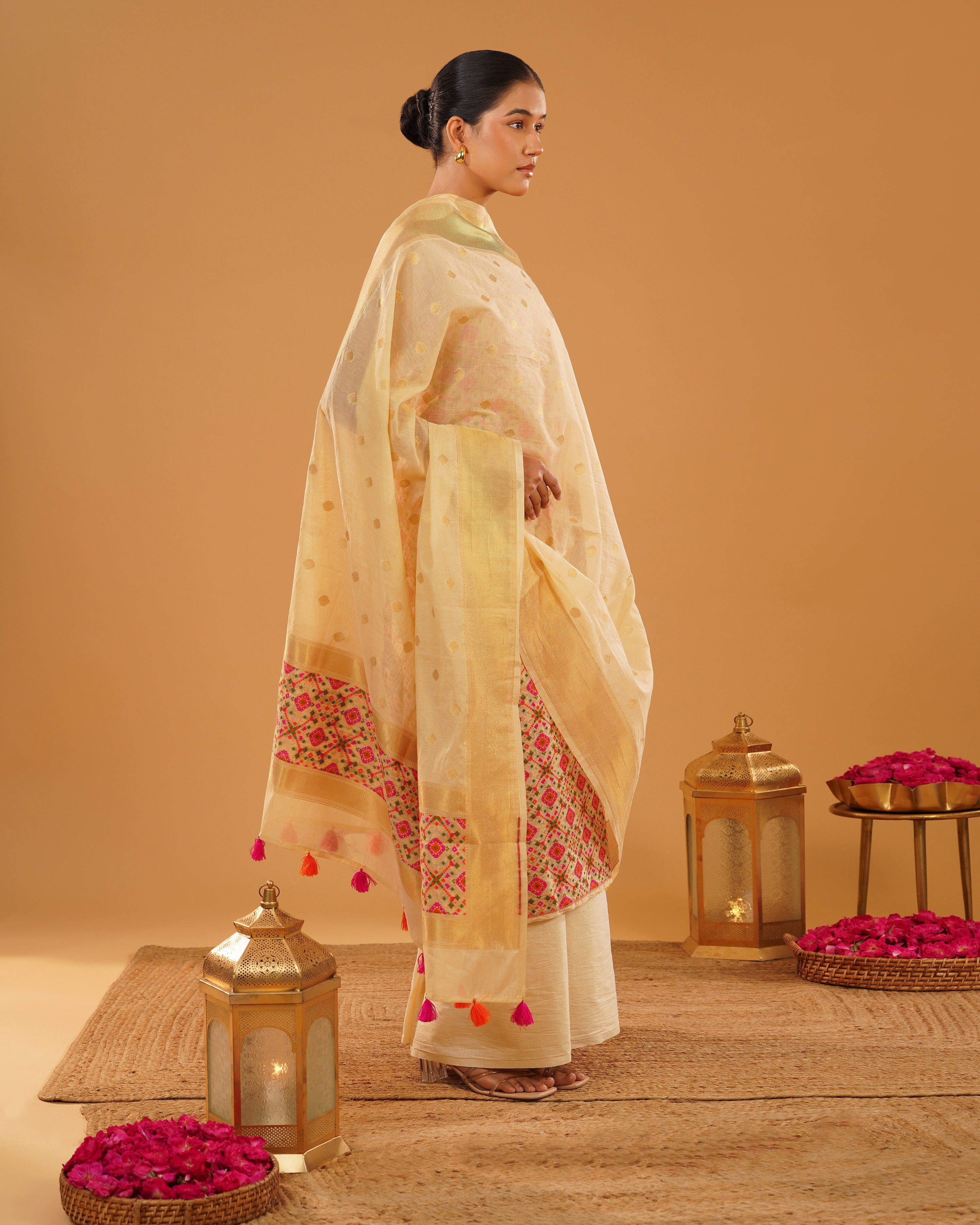 Zarbano – Banarasi Pure Cotton Suit Set in Cream Gold with Patola Weave