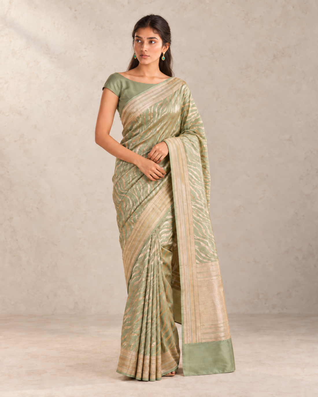 Sabzwari – Pure Katan Silk Banarasi Saree in Sage Green Leheriya Zari