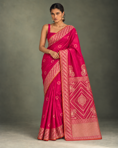 Shafaq – Banarasi Katan Silk Saree in Rani Pink with Kalga Konia Pallu