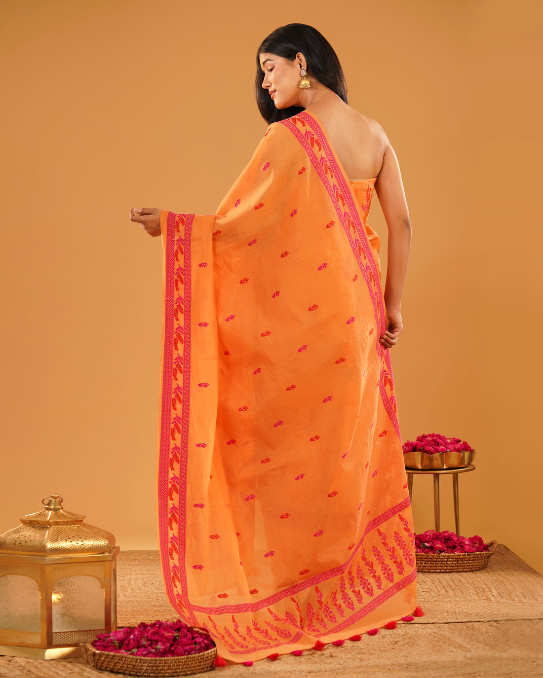 Dhoop – Banarasi Pure Cotton Suit Set in Marigold Orange with Floral Buti