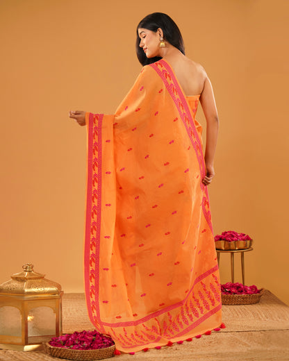Dhoop – Banarasi Pure Cotton Suit Set in Marigold Orange with Floral Buti