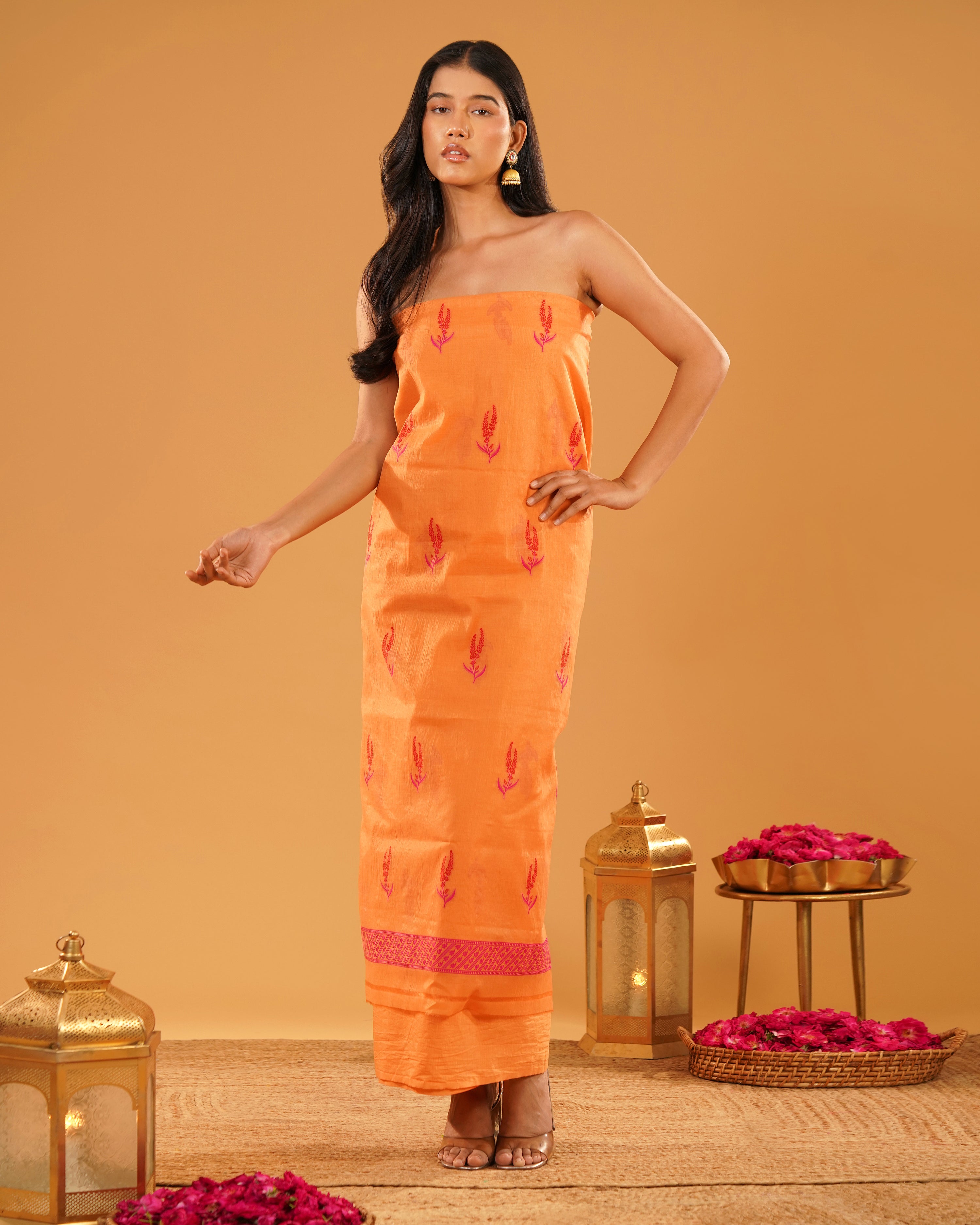Dhoop – Banarasi Pure Cotton Suit Set in Marigold Orange with Floral Buti