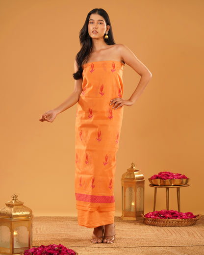 Dhoop – Banarasi Pure Cotton Suit Set in Marigold Orange with Floral Buti