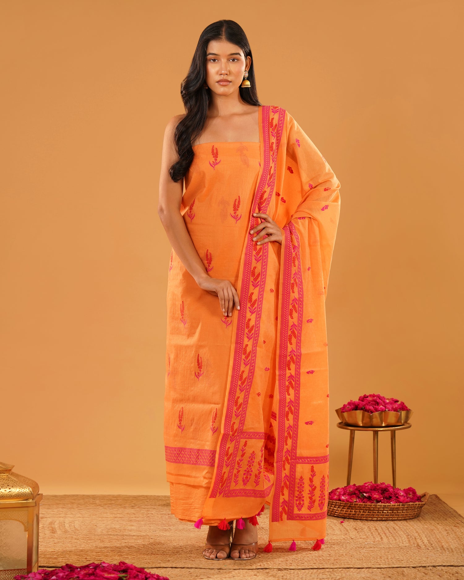 Dhoop – Banarasi Pure Cotton Suit Set in Marigold Orange with Floral Buti