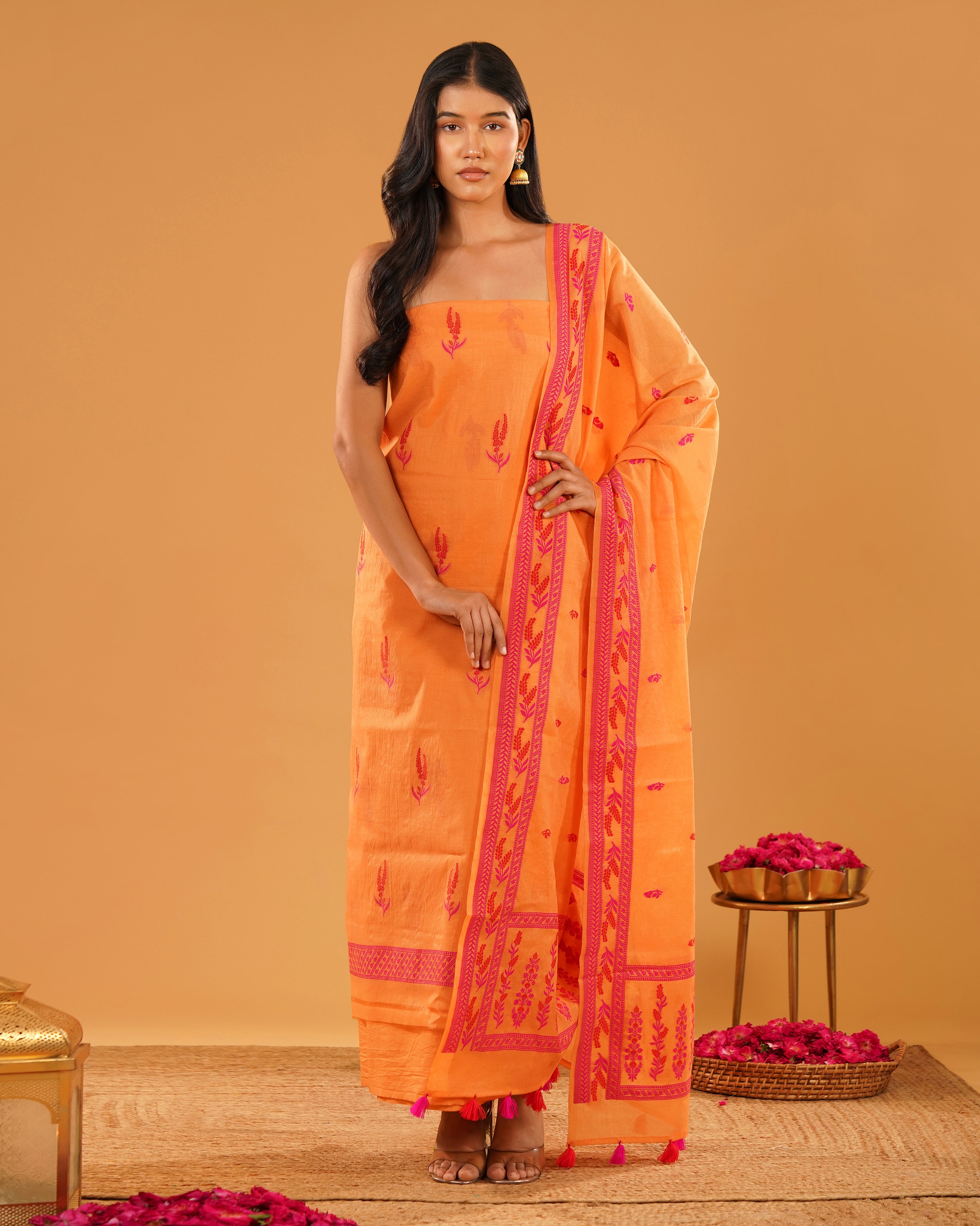 Dhoop – Banarasi Pure Cotton Suit Set in Marigold Orange with Floral Buti