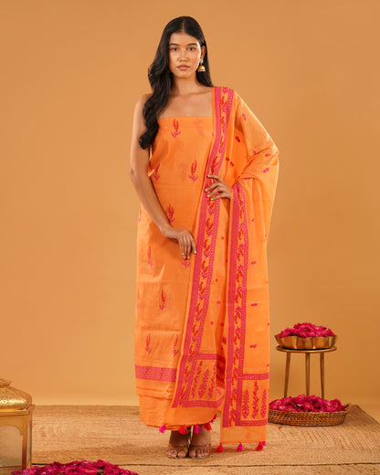 Dhoop – Banarasi Pure Cotton Suit Set in Marigold Orange with Floral Buti