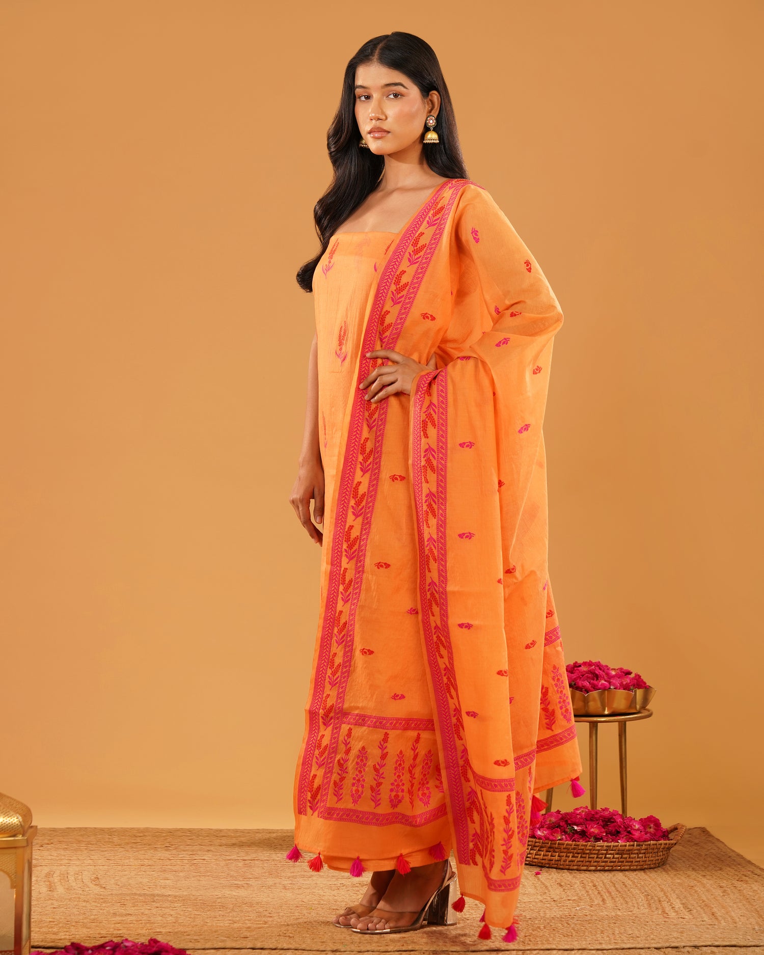 Dhoop – Banarasi Pure Cotton Suit Set in Marigold Orange with Floral Buti