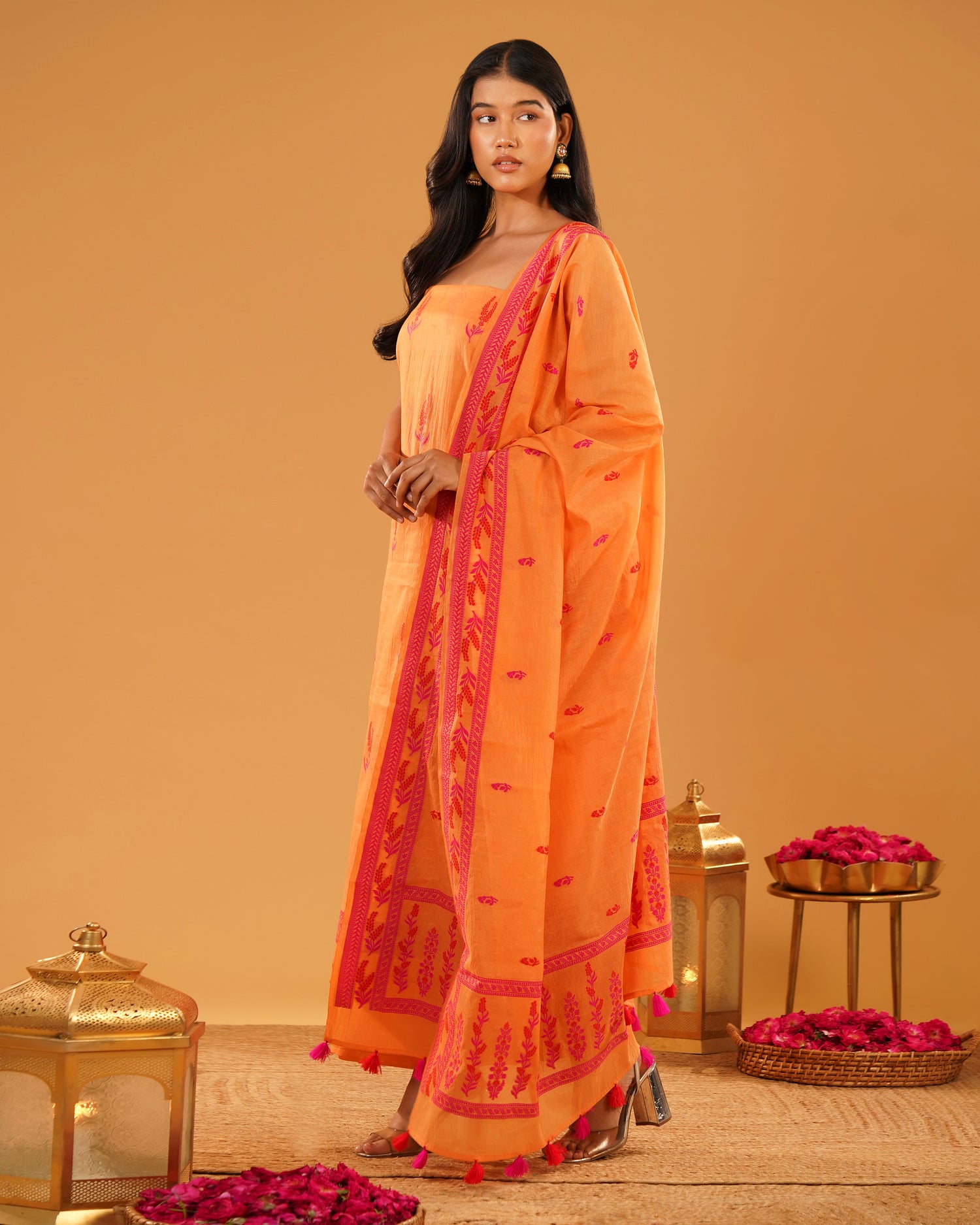 Dhoop – Banarasi Pure Cotton Suit Set in Marigold Orange with Floral Buti