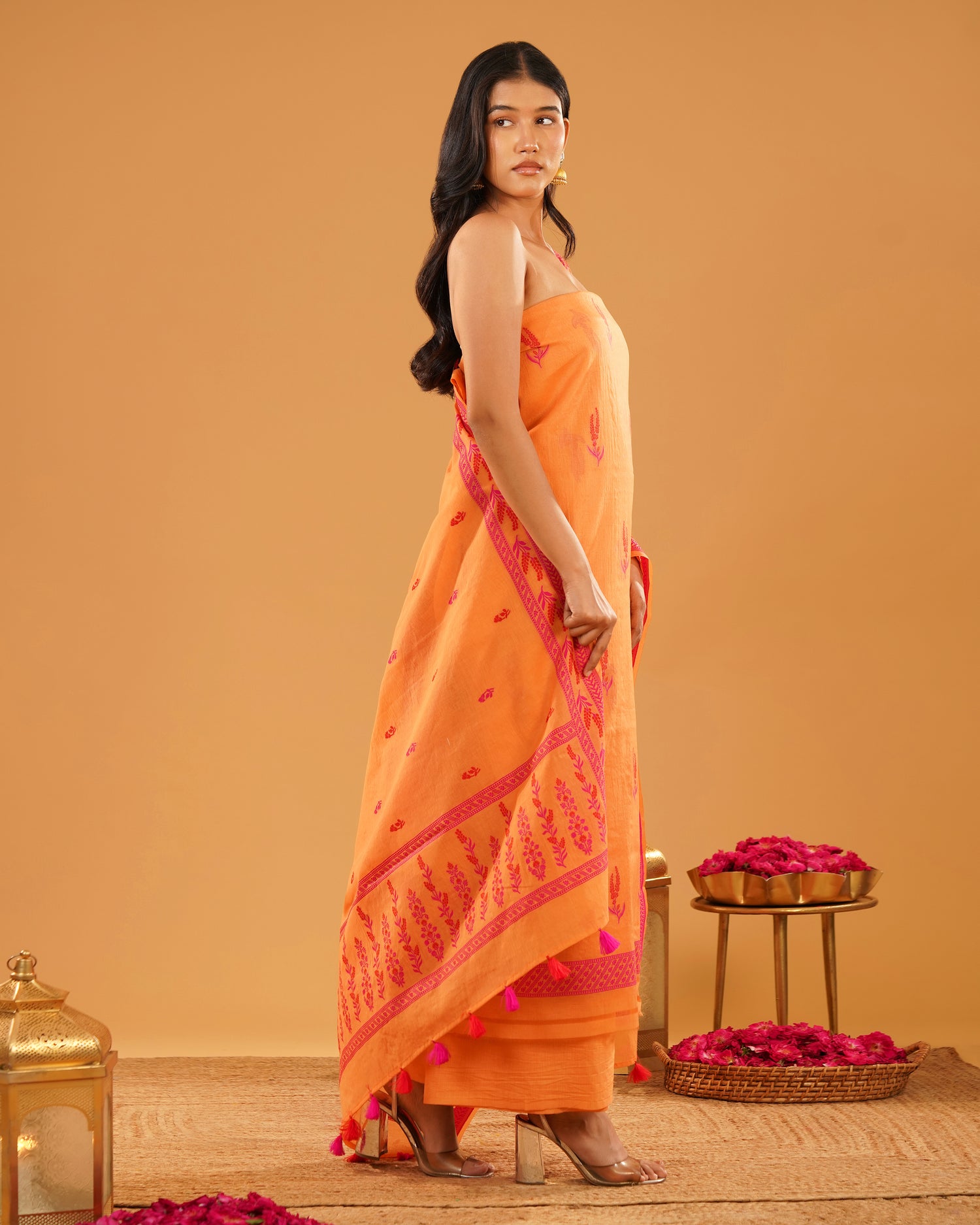 Dhoop – Banarasi Pure Cotton Suit Set in Marigold Orange with Floral Buti
