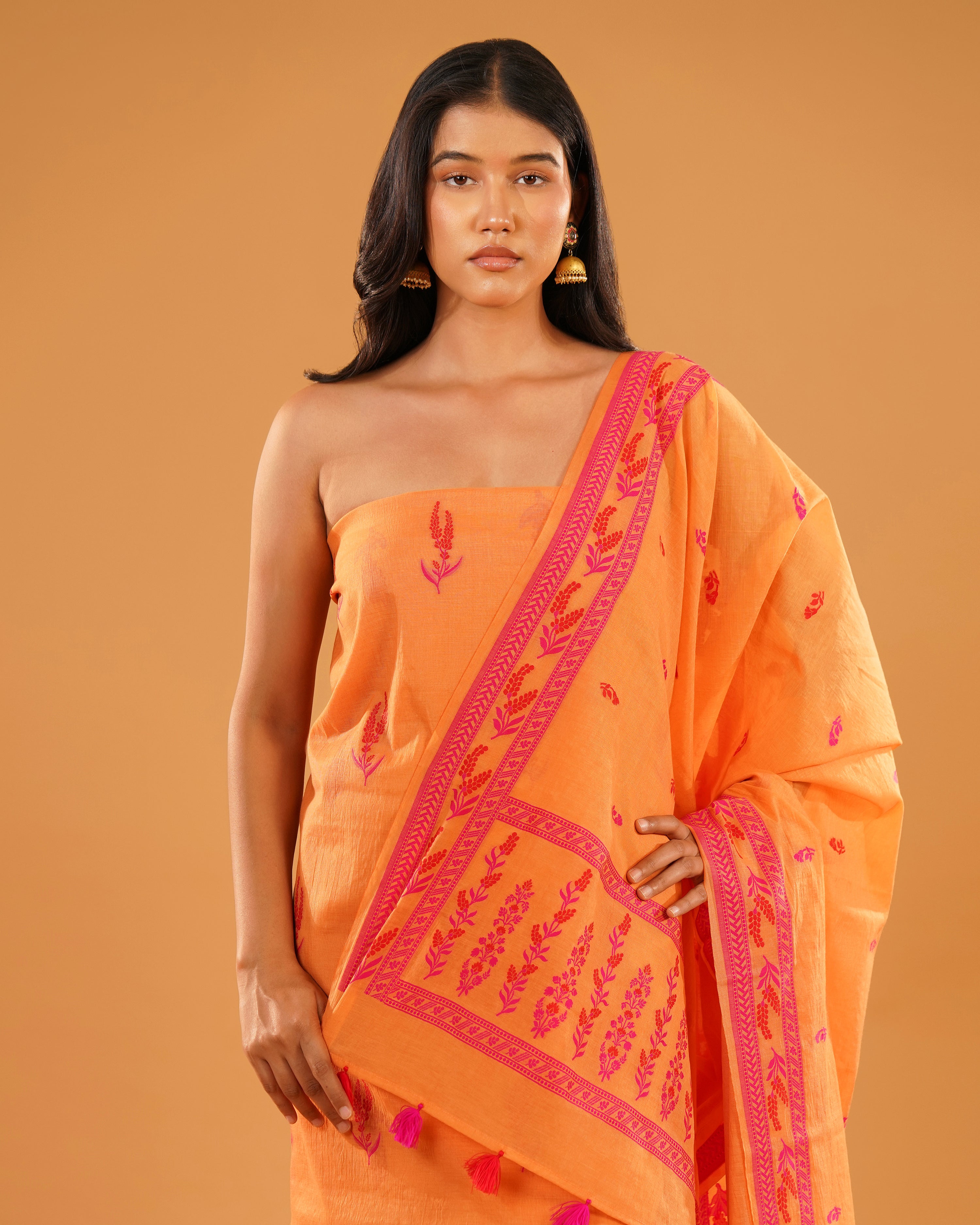 Dhoop – Banarasi Pure Cotton Suit Set in Marigold Orange with Floral Buti