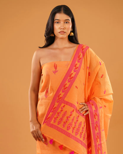 Dhoop – Banarasi Pure Cotton Suit Set in Marigold Orange with Floral Buti