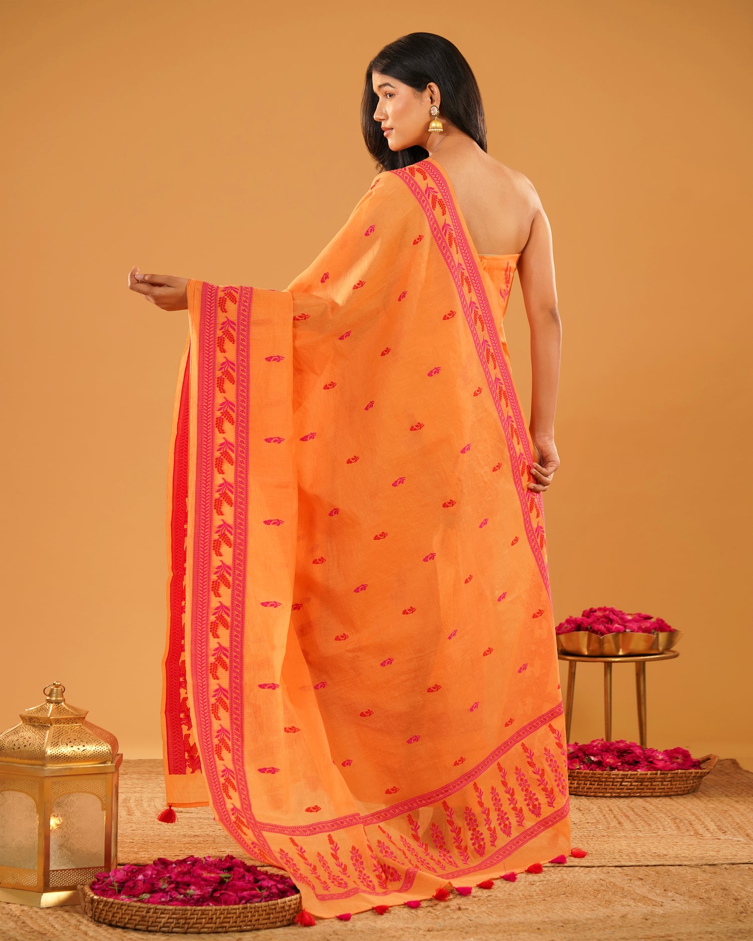 Dhoop – Banarasi Pure Cotton Suit Set in Marigold Orange with Floral Buti