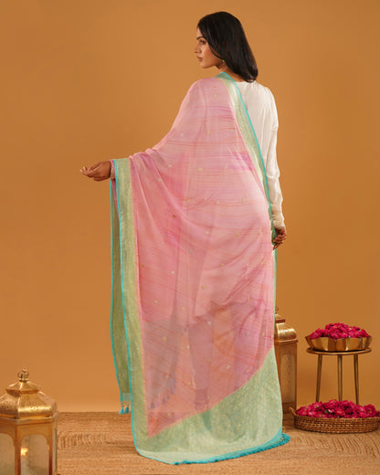 Gulabi – Banarasi Khaddi Silk Dupatta in Soft Pink with Mint-Gold Border