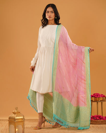 Gulabi – Banarasi Khaddi Silk Dupatta in Soft Pink with Mint-Gold Border