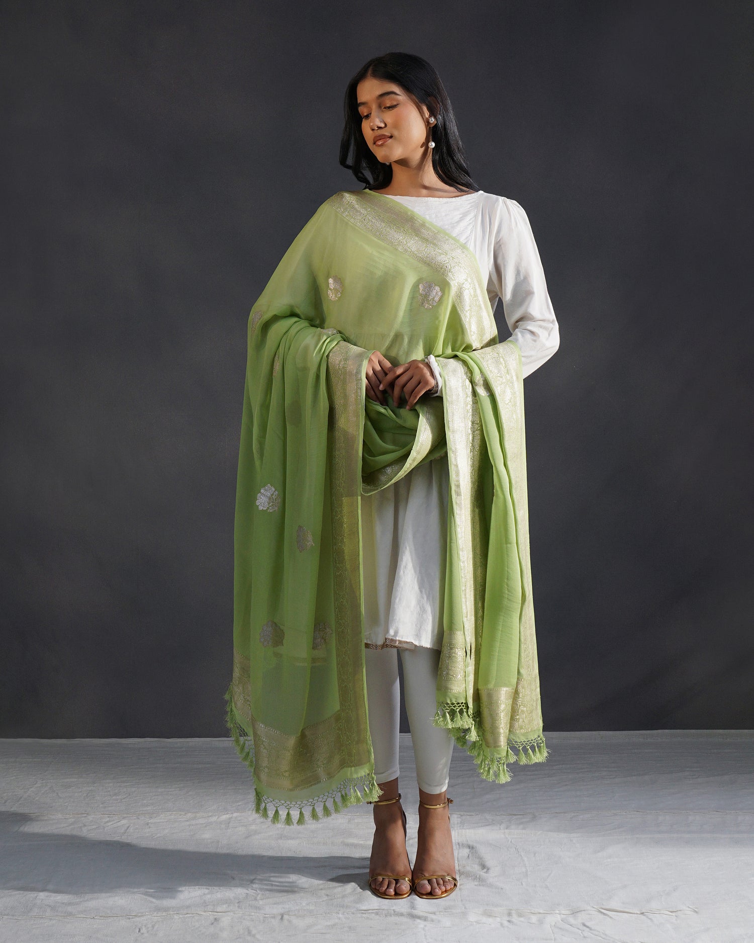 Pista – Banarasi Khaddi Georgette Dupatta in Pista Green with Silver Zari