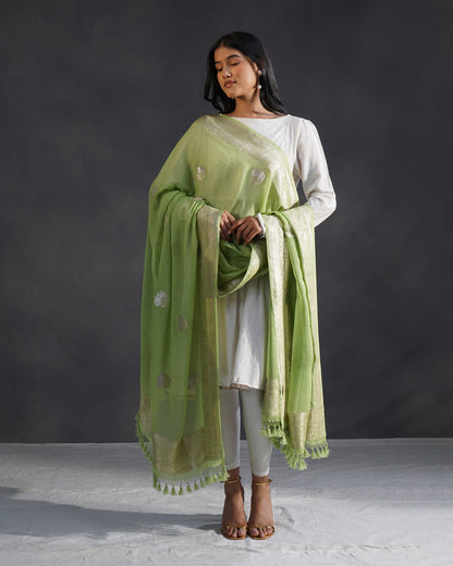 Pista – Banarasi Khaddi Georgette Dupatta in Pista Green with Silver Zari