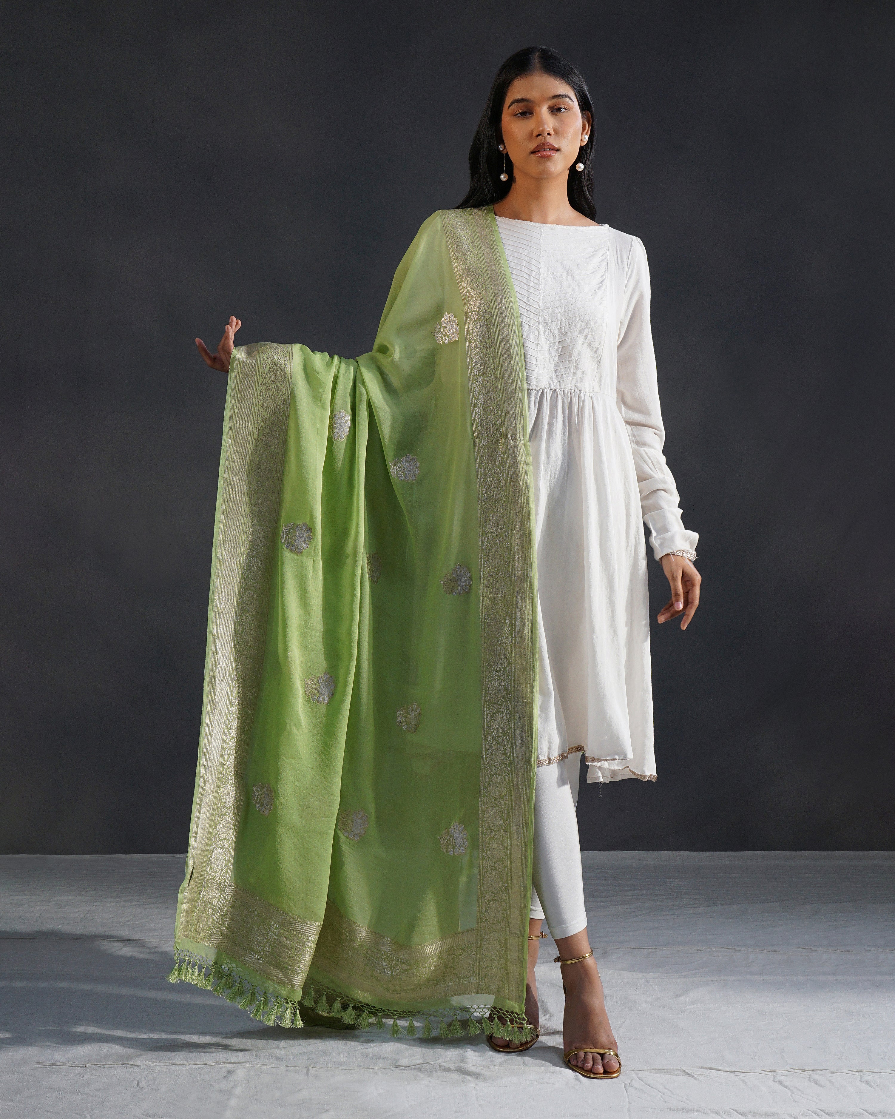 Pista – Banarasi Khaddi Georgette Dupatta in Pista Green with Silver Zari