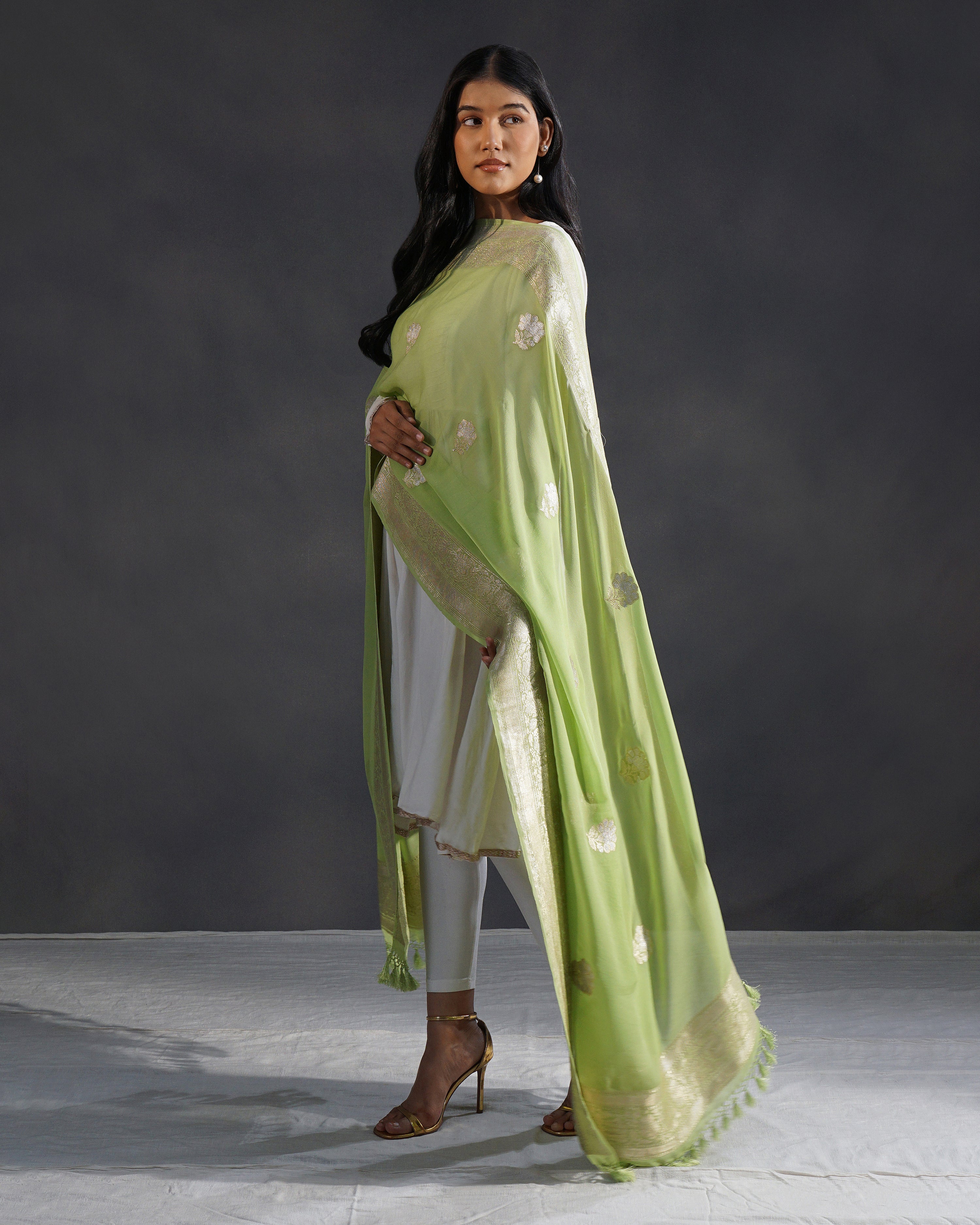 Pista – Banarasi Khaddi Georgette Dupatta in Pista Green with Silver Zari
