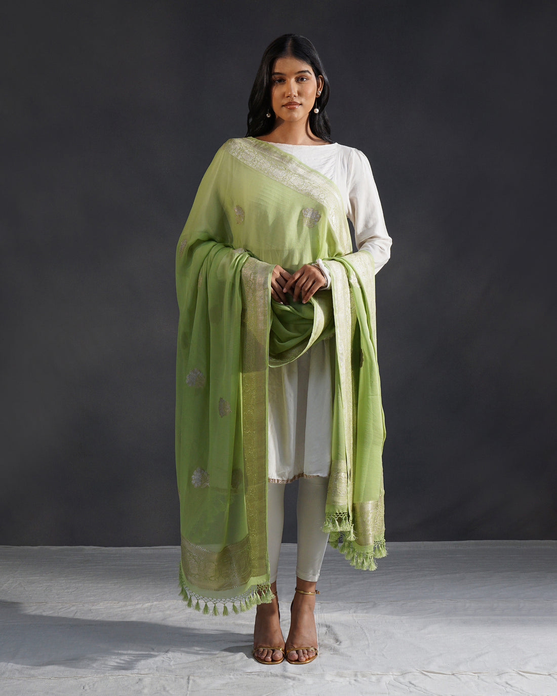 Pista – Banarasi Khaddi Georgette Dupatta in Pista Green with Silver Zari