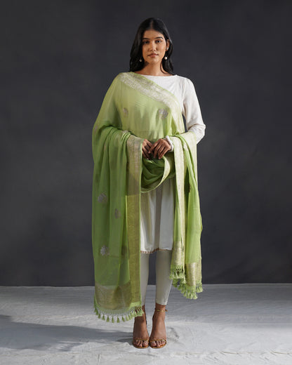 Pista – Banarasi Khaddi Georgette Dupatta in Pista Green with Silver Zari