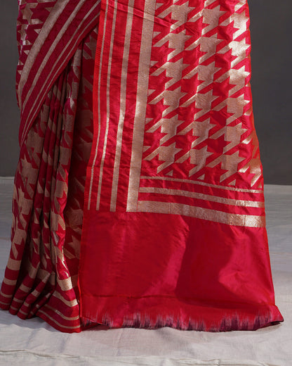 Naqsh – Pure Katan Silk Banarasi Saree in Rani Red with Gold Geometric Jaal