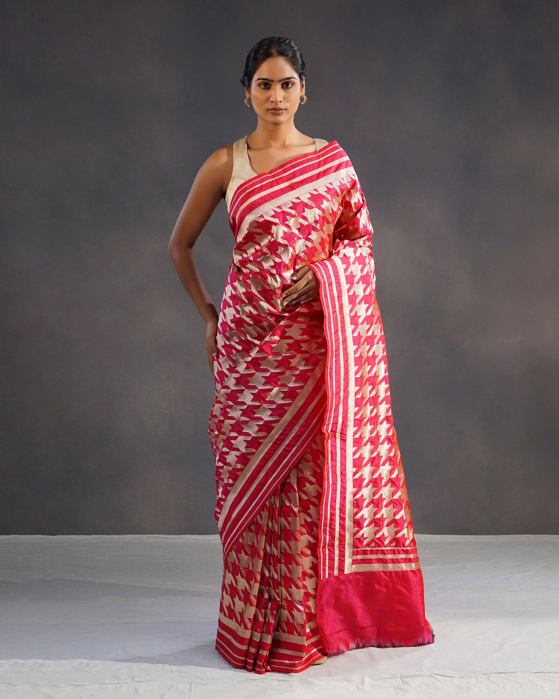 Naqsh – Pure Katan Silk Banarasi Saree in Rani Red with Gold Geometric Jaal