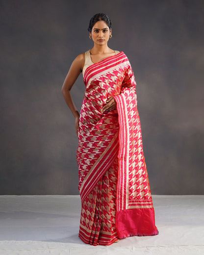 Naqsh – Pure Katan Silk Banarasi Saree in Rani Red with Gold Geometric Jaal