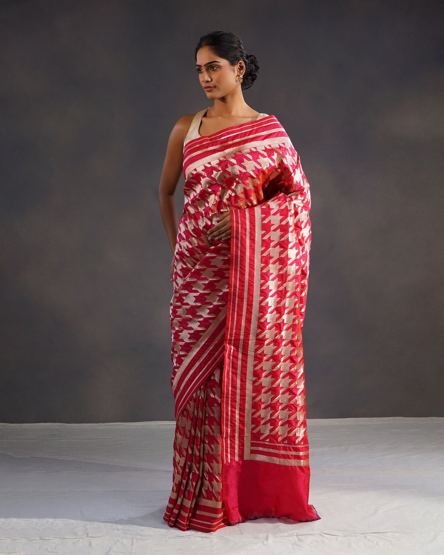 Naqsh – Pure Katan Silk Banarasi Saree in Rani Red with Gold Geometric Jaal