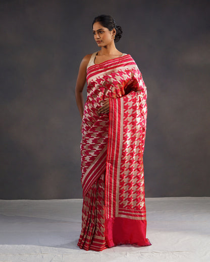 Naqsh – Pure Katan Silk Banarasi Saree in Rani Red with Gold Geometric Jaal