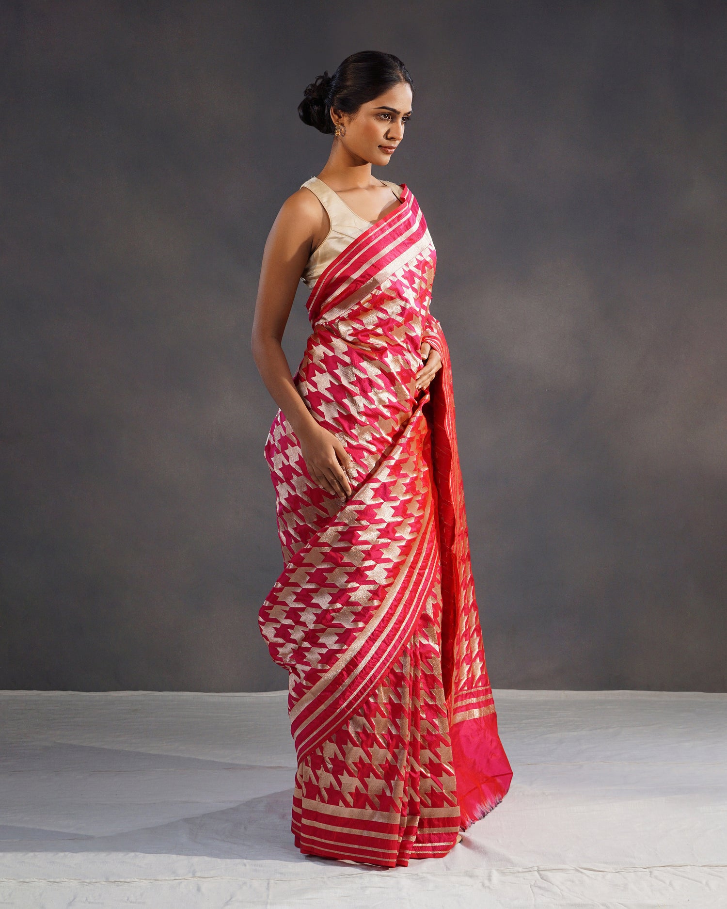 Naqsh – Pure Katan Silk Banarasi Saree in Rani Red with Gold Geometric Jaal