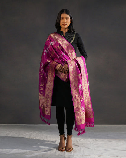 Rani – Pure Katan Silk Banarasi Dupatta in Magenta with Gold Jaal