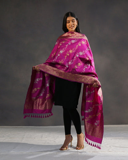 Rani – Pure Katan Silk Banarasi Dupatta in Magenta with Gold Jaal