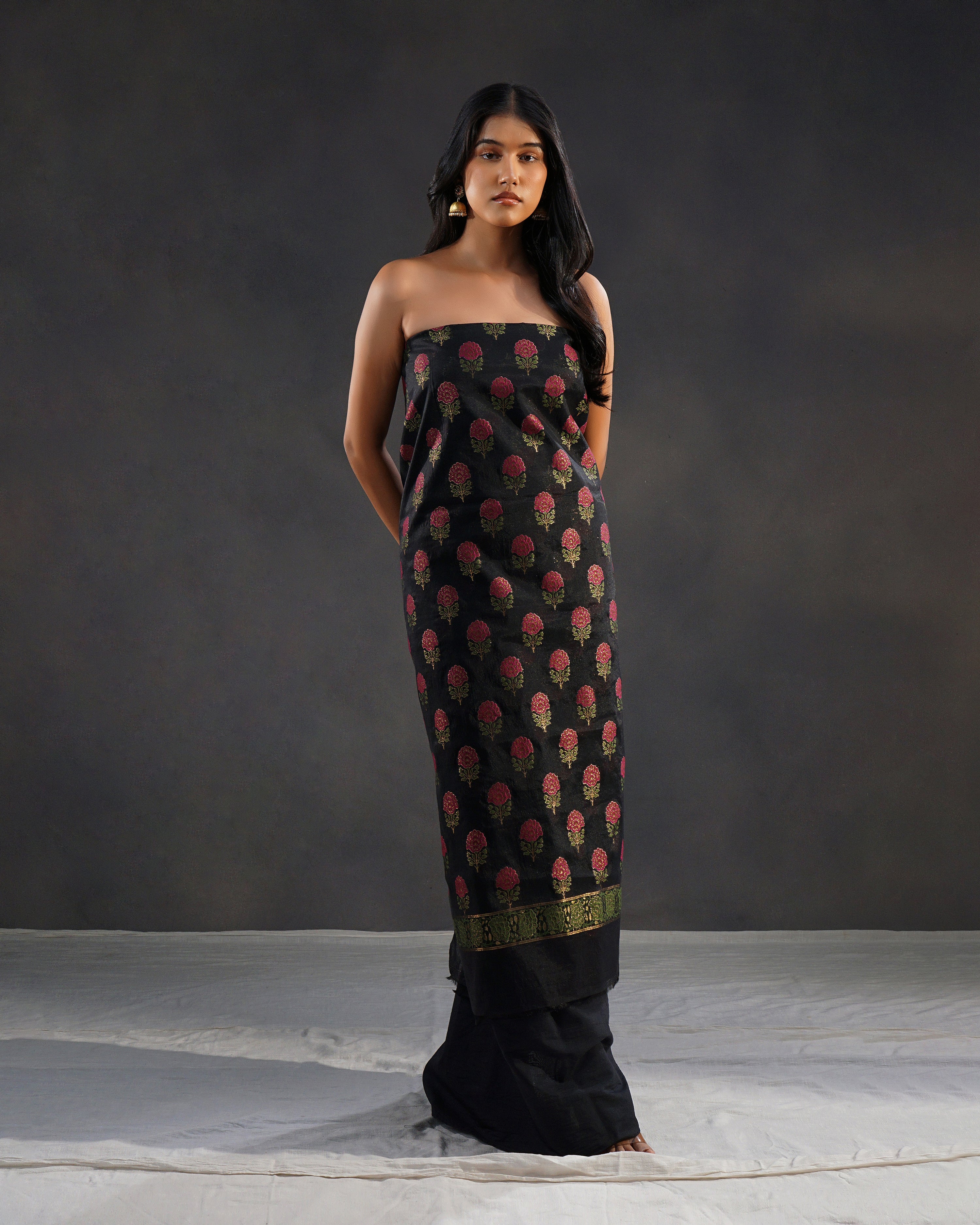 Gulshan – Banarasi Pure Cotton Suit Set in Black with Rose Buti