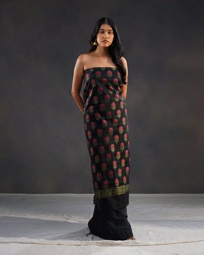 Gulshan – Banarasi Pure Cotton Suit Set in Black with Rose Buti
