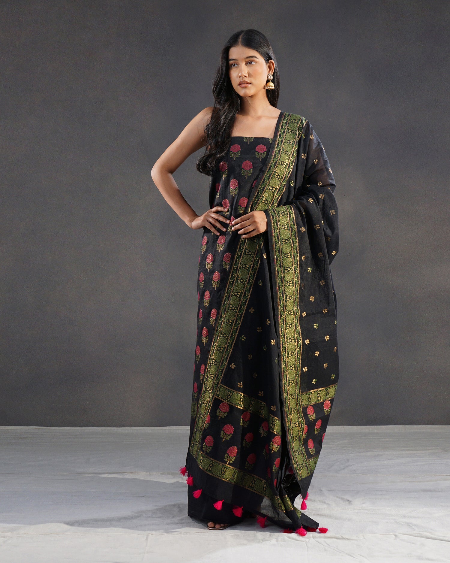 Gulshan – Banarasi Pure Cotton Suit Set in Black with Rose Buti
