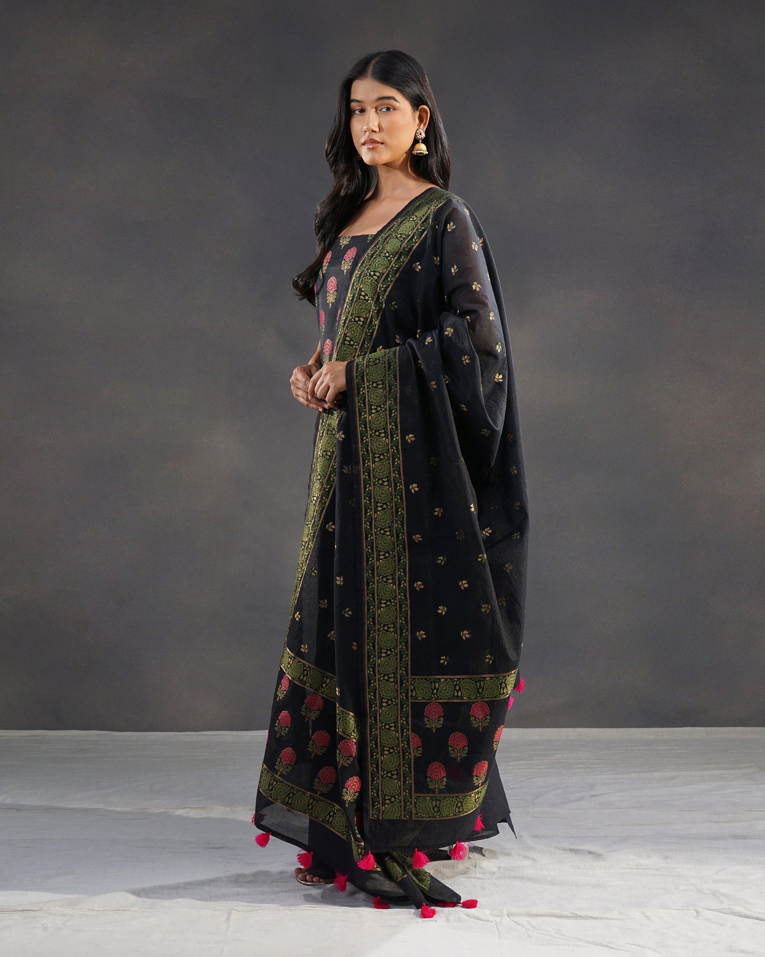 Gulshan – Banarasi Pure Cotton Suit Set in Black with Rose Buti