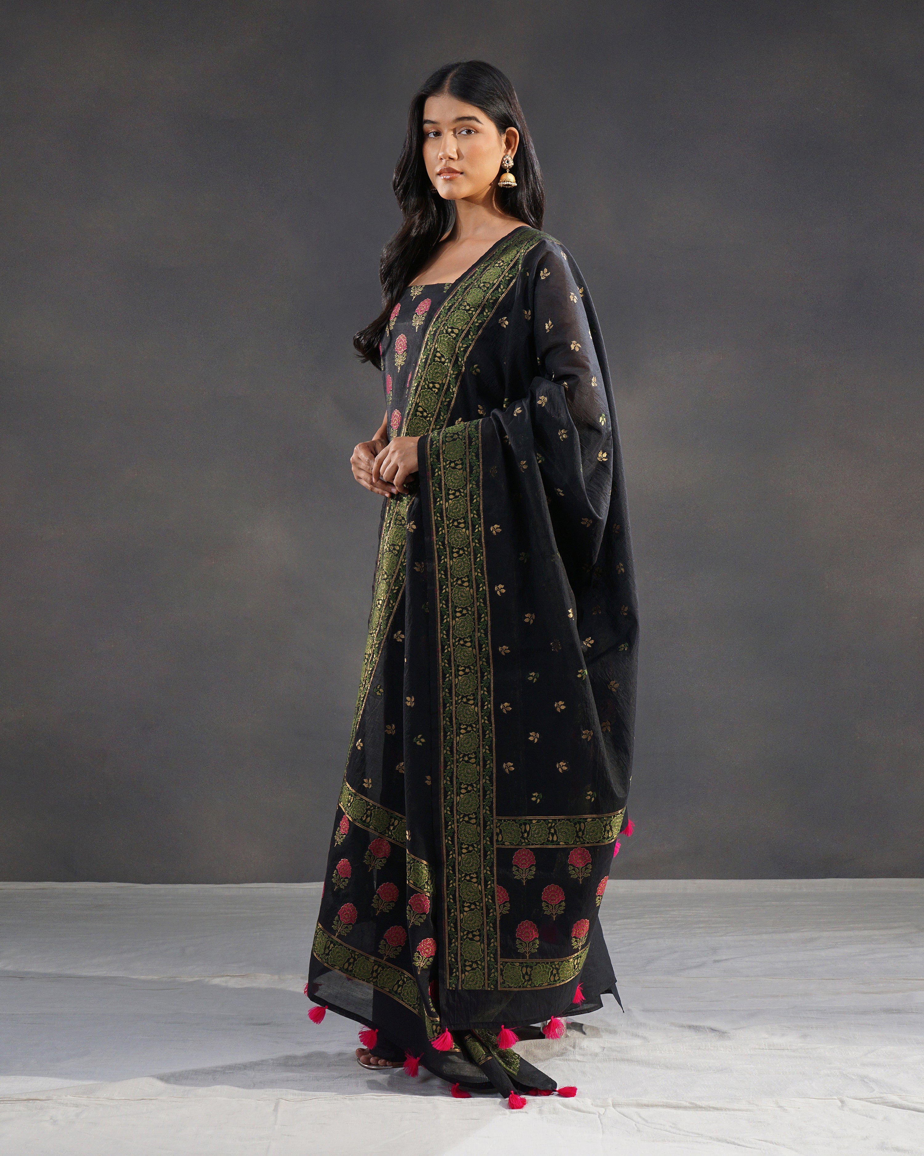 Gulshan – Banarasi Pure Cotton Suit Set in Black with Rose Buti