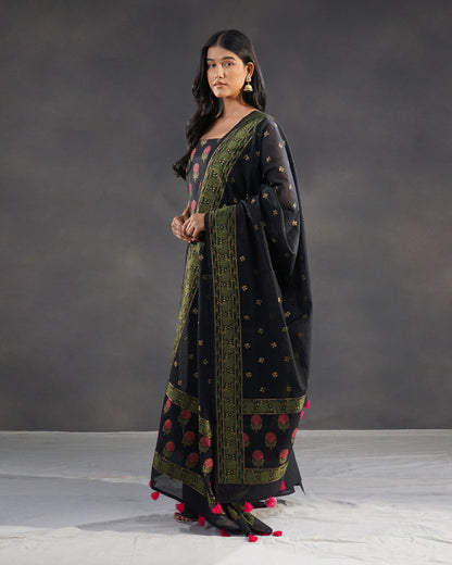 Gulshan – Banarasi Pure Cotton Suit Set in Black with Rose Buti