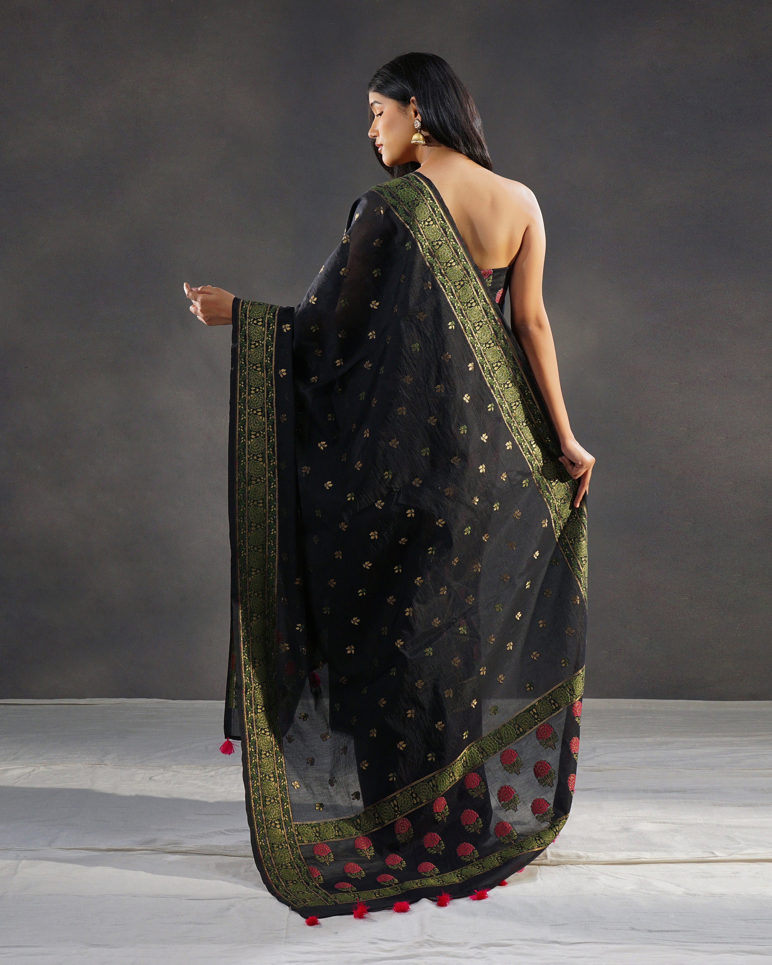 Gulshan – Banarasi Pure Cotton Suit Set in Black with Rose Buti
