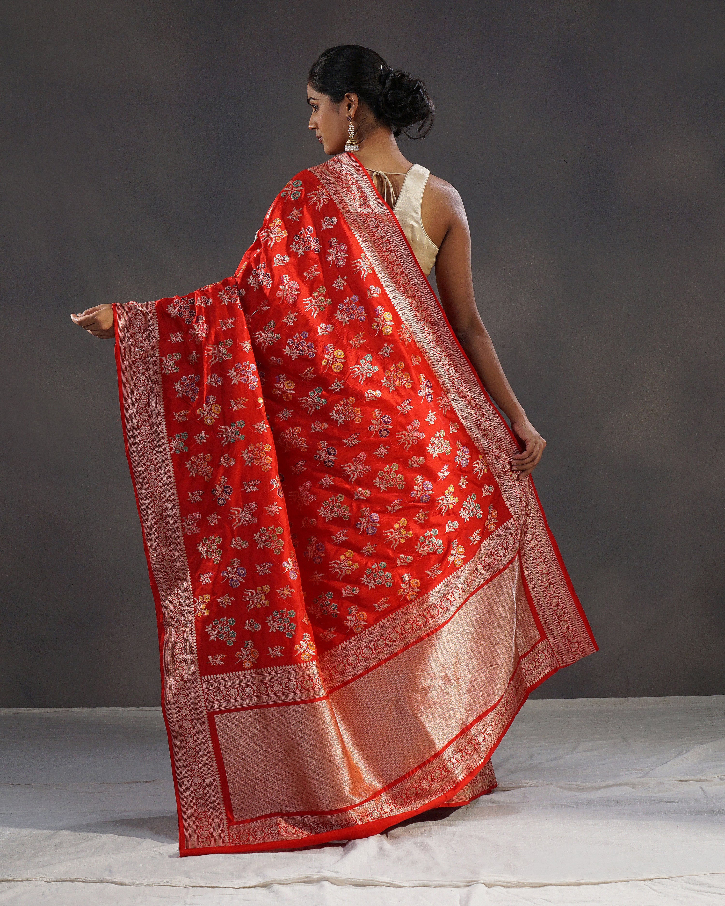 Sholay – Pure Katan Silk Banarasi Saree in Orange-Red with Meenakari Jaal